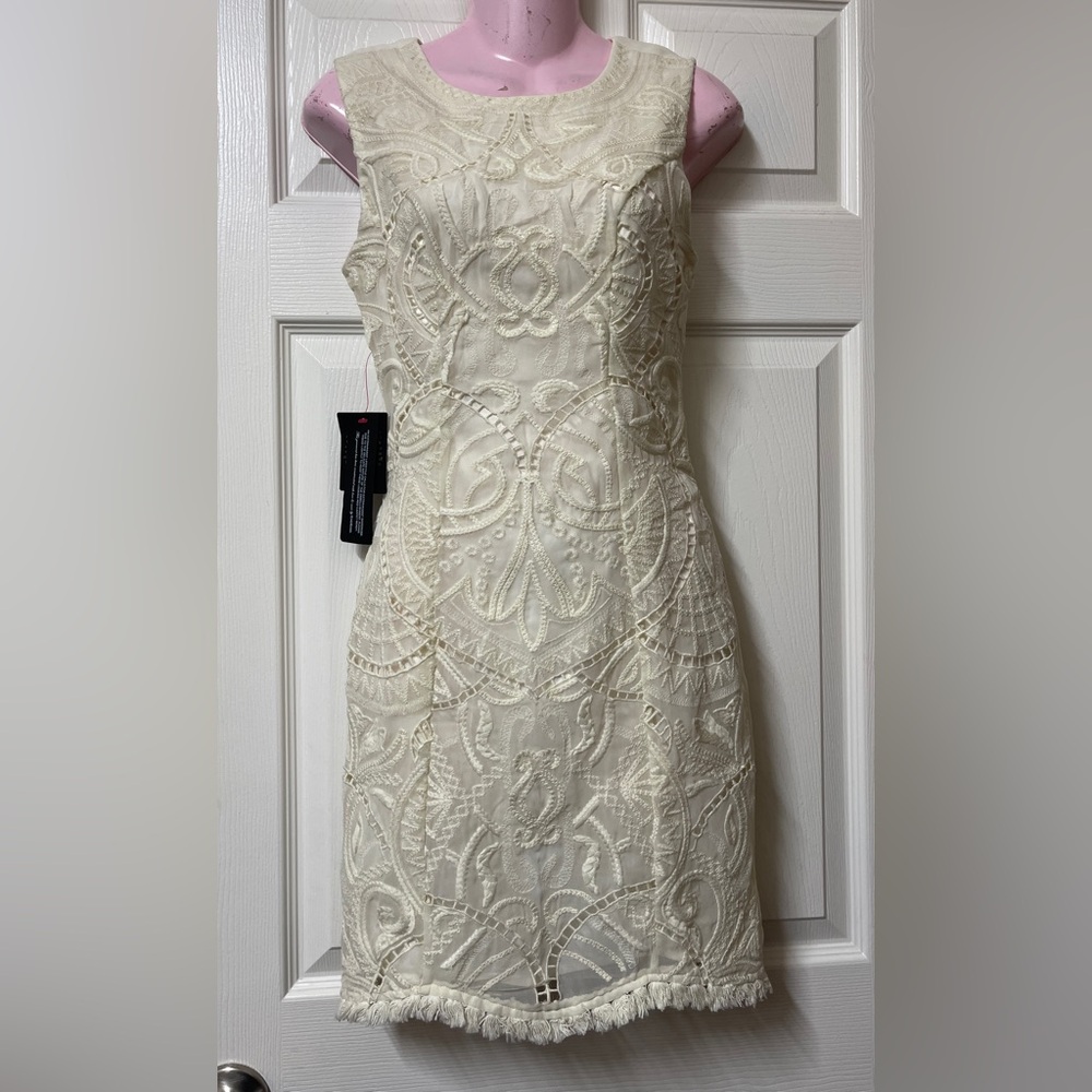 Bebe macrame ivory embroidered mini dress